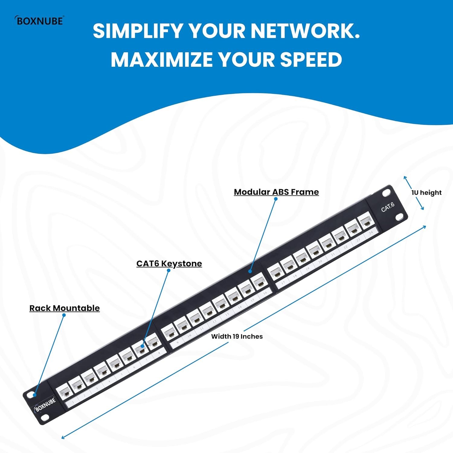 BOXNUBE Cat6 Modular Patch Panel 24-Port with RJ45 Keystone Jacks | 1U, Cable Management Bar, T568A/B Compatible, for 19 BOXNUBE Cat6 Modular Patch Panel 24-Port with RJ45 Keystone Jacks | 1U, Cable Management Bar, T568A/B Compatible, for 19